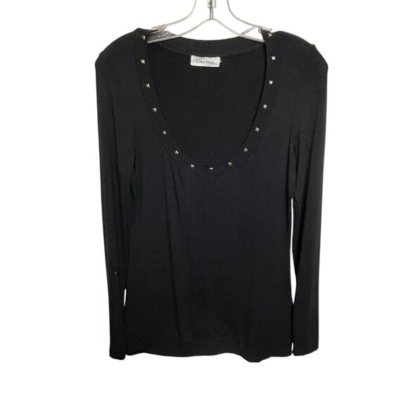 Calvin Klein Knit Top Womens Size S Black Stretch Scoop Neck Studs Whimsigoth - Picture 3 of 9